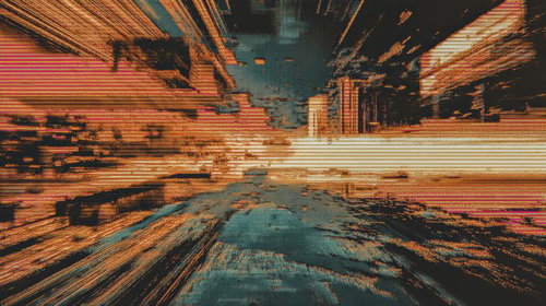 デジタル世界に飲み込まれる都市の抽象的なアート