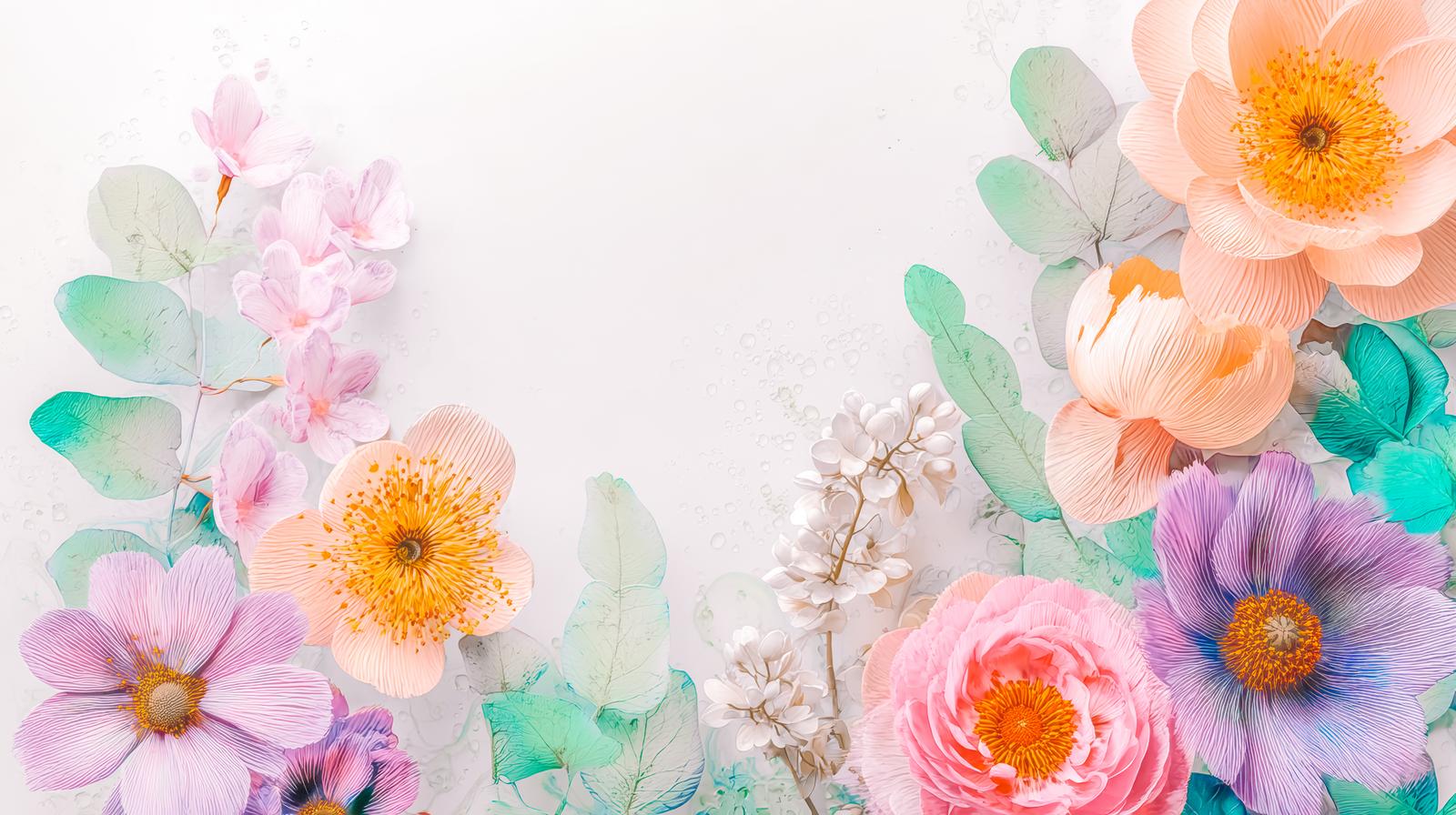 ピンク、赤、クリーム色の花がグリーンと共にアレンジされたAI生成フラワーアートの素材画像