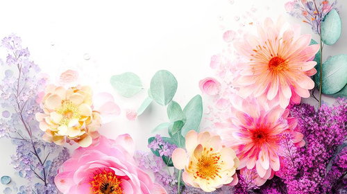 繊細な花びらの重なりと水滴が彩るフラワーアレンジメント