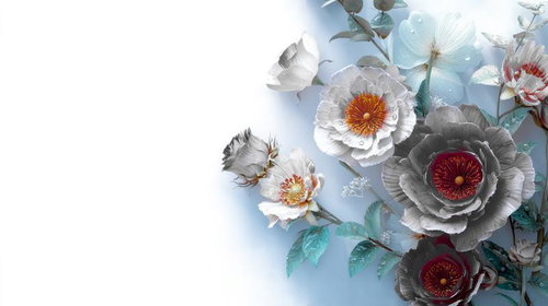 モノトーンと深紅の花が映えるデジタルアート