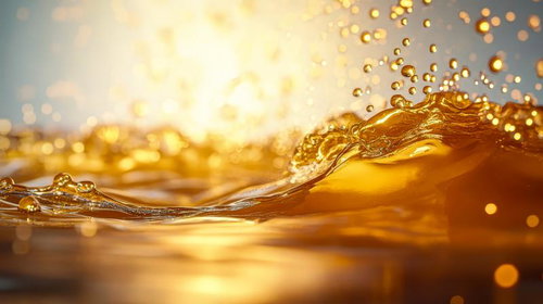 蜂蜜のような琥珀色の液体から落ちる一滴と無数の気泡