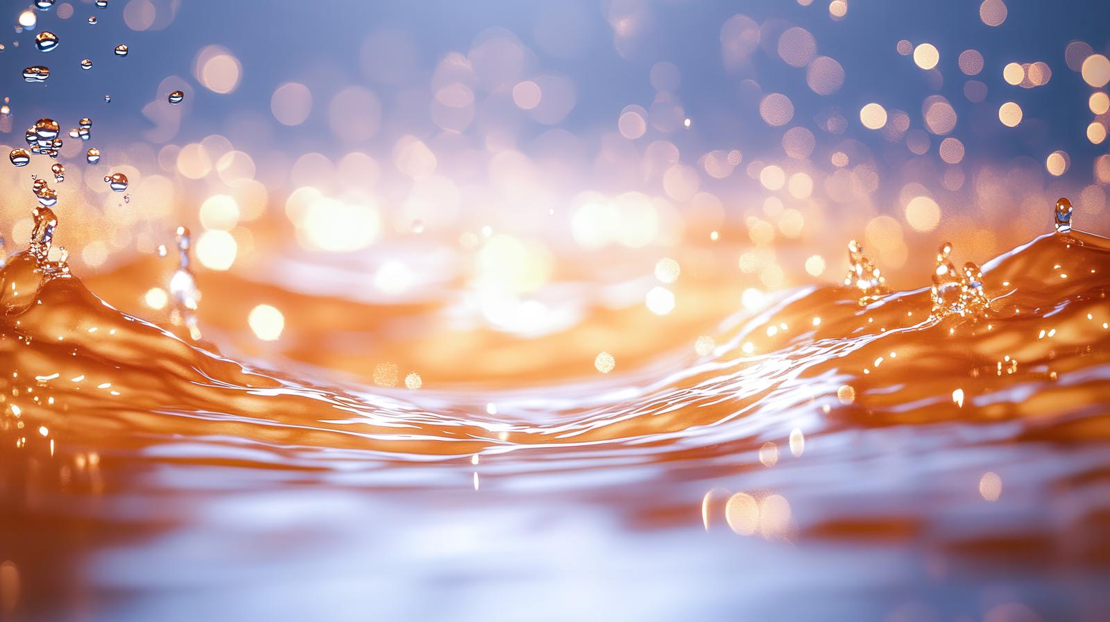 黄金色に輝く水面から舞い上がる水飛沫ときらめくボケの光