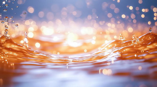 黄金に輝く水面と舞い上がる水飛沫のきらめき