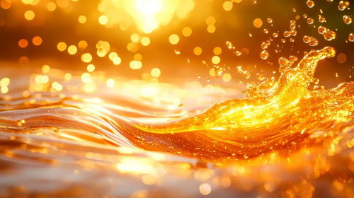 滑らかな天然成分配合の黄金色液体がしぶく様子