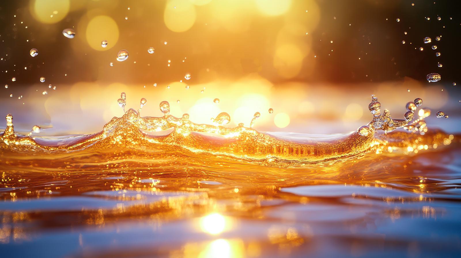 黄金色の蜂蜜が光に包まれて水飛沫を上げている画像