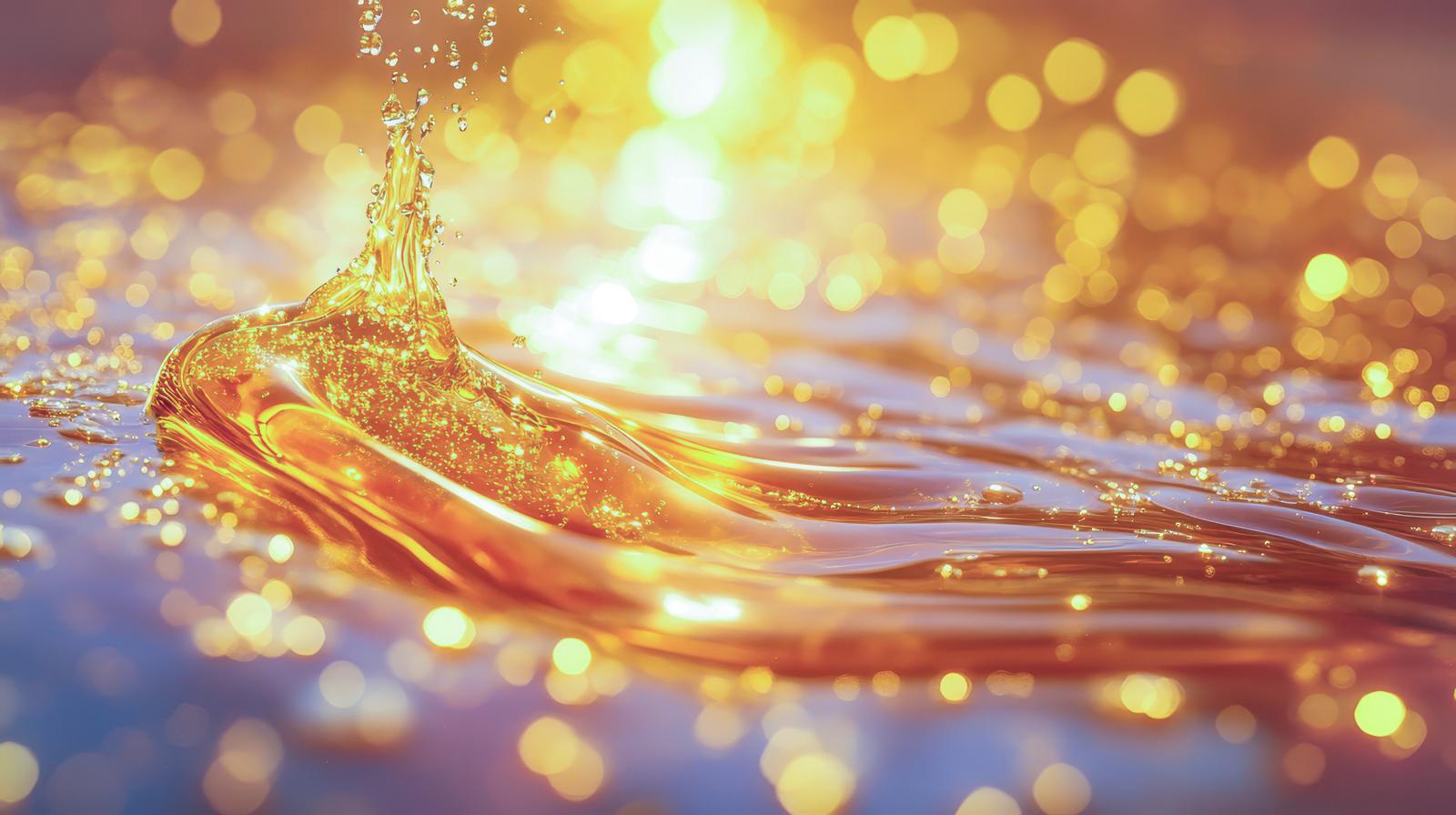 光が反射して煌めくオレンジ色の液体のしぶきと波