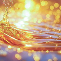 光が踊る黄金のしぶき、煌めく液体の波と粒子の写真