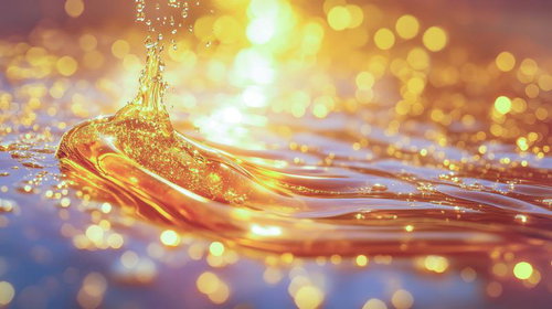 光が踊る黄金のしぶき、煌めく液体の波と粒子