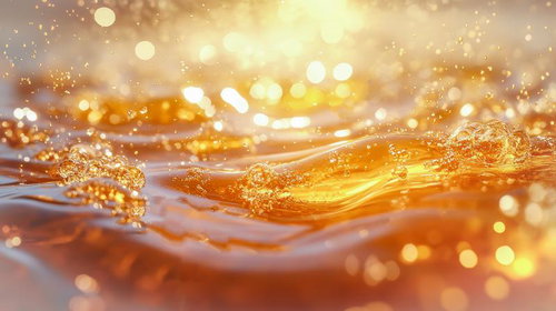 光を反射して広がるはちみつの水飛沫と液体波紋
