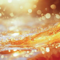 眩い黄金の光に包まれた波打つ液体の流れと水飛沫の写真