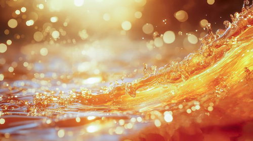 眩い黄金の光に包まれた波打つ液体の流れと水飛沫