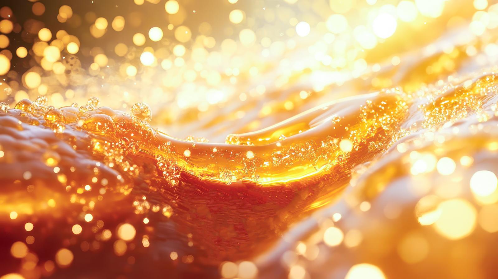 波打つ黄金色の液体と気泡のクローズアップ
