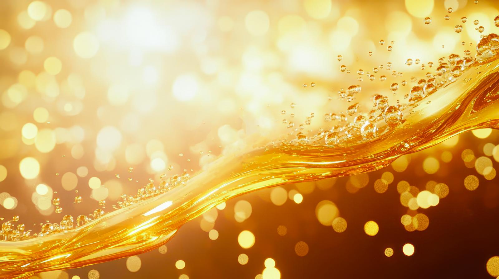 琥珀色の美容液が注がれ気泡がはじける様子