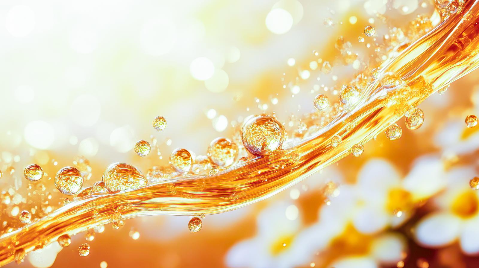 黄金色の液体の上を滑り落ちる琥珀色の水滴がきらめいている
