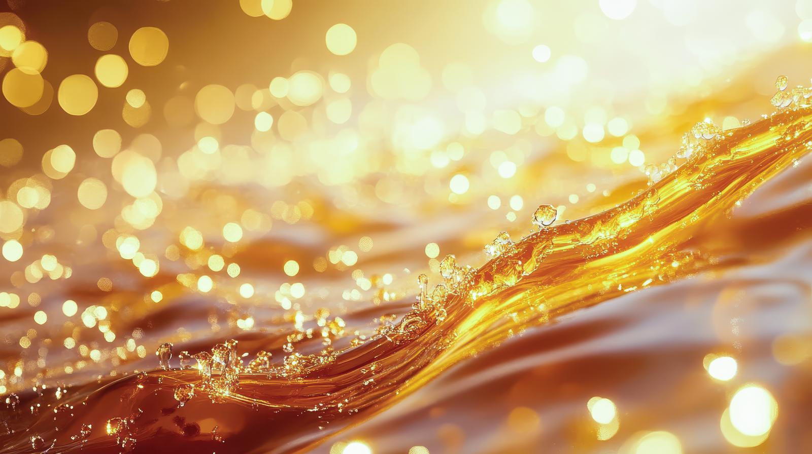 オレンジ色に輝く液体の波立ちと光の粒が舞う抽象的な流動表現