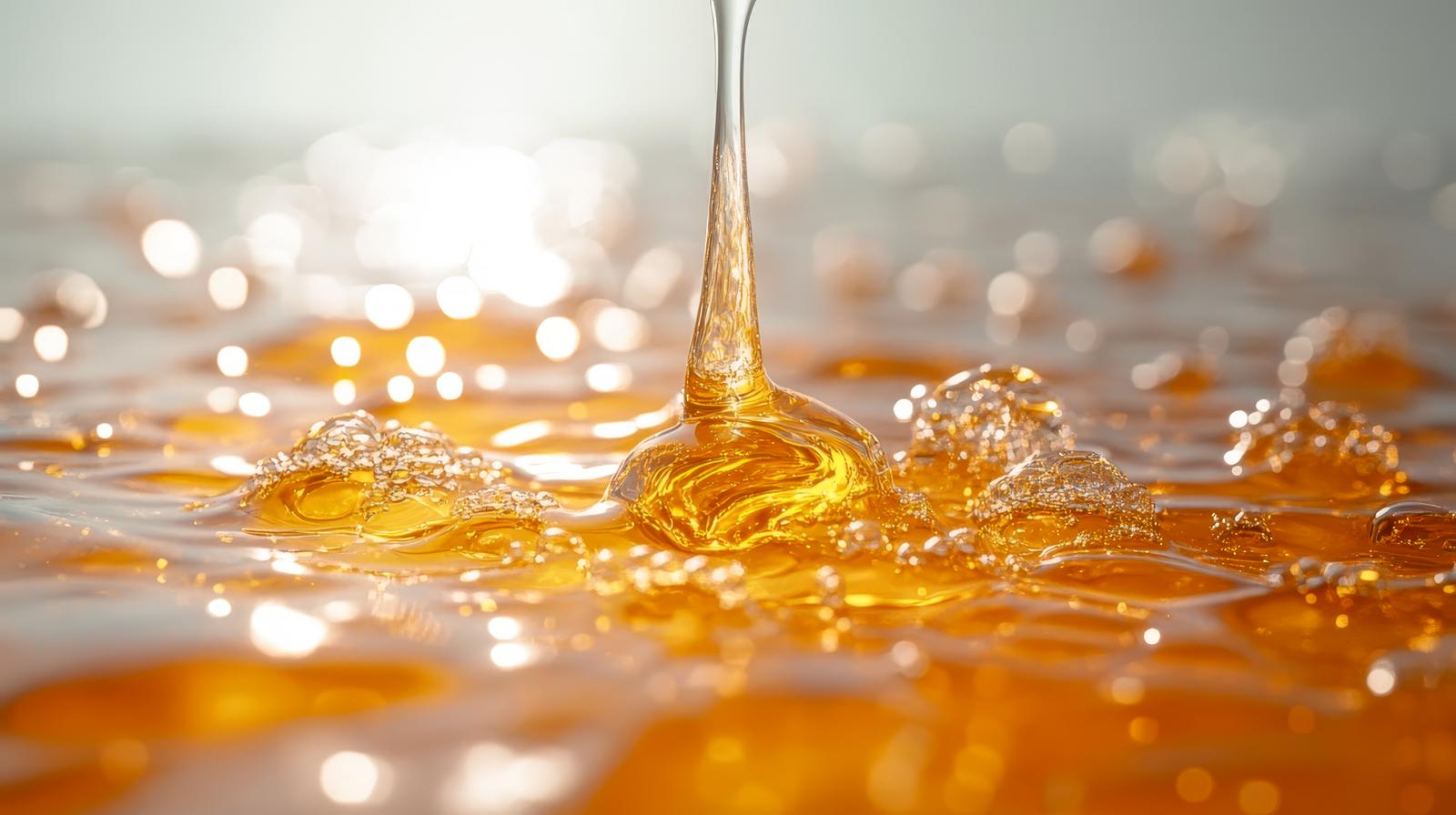 スプーンから垂れ落ちる琥珀色の蜂蜜が糸を引く