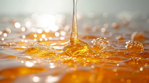 粘度の高い蜂蜜が糸を引くように伸びる滴の光景