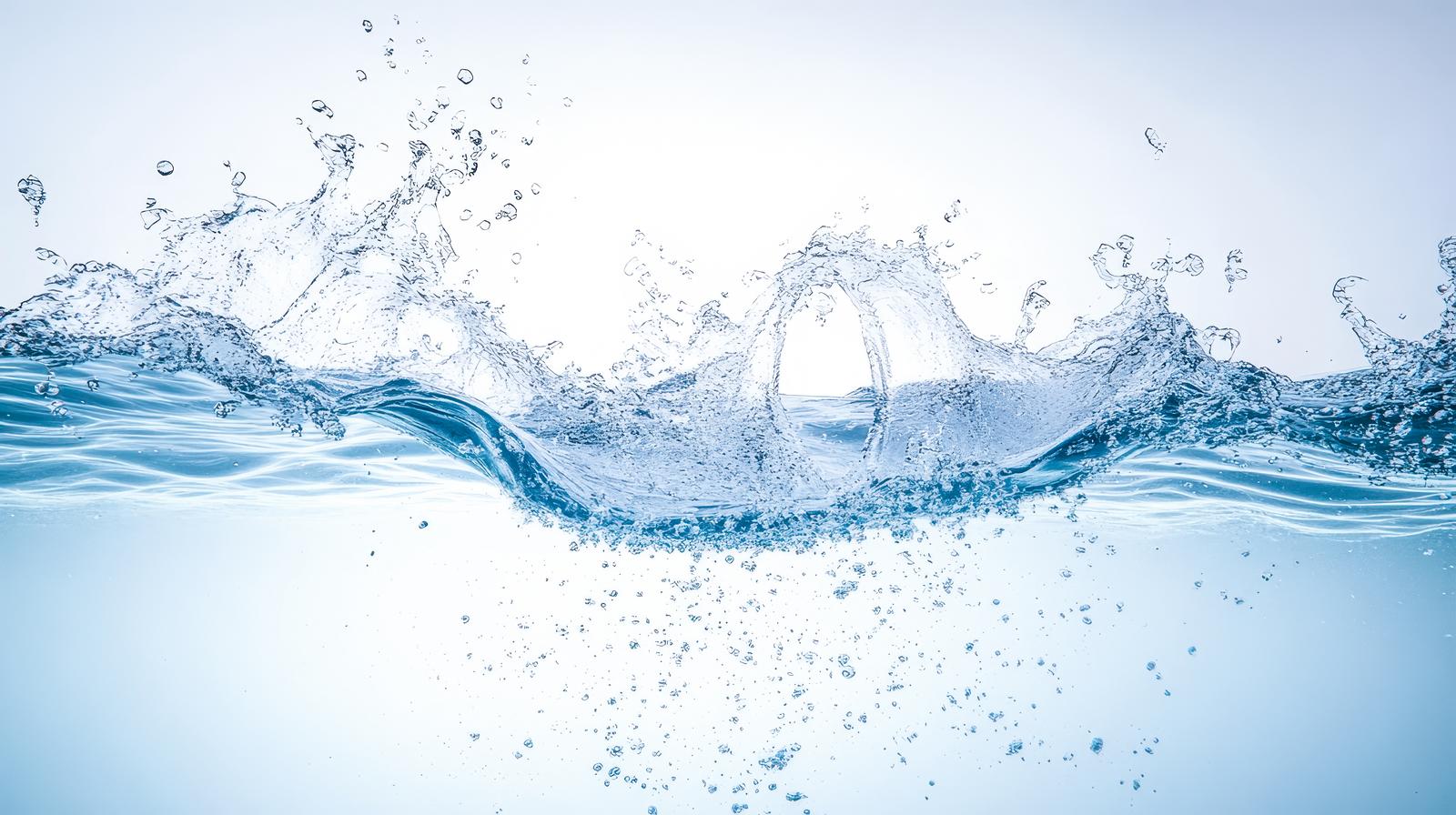 青い水面から激しく舞い上がる透明な水の飛沫と気泡
