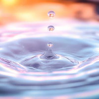 夕焼けに照らされた水面に落ちた雫が作り出す波紋の写真