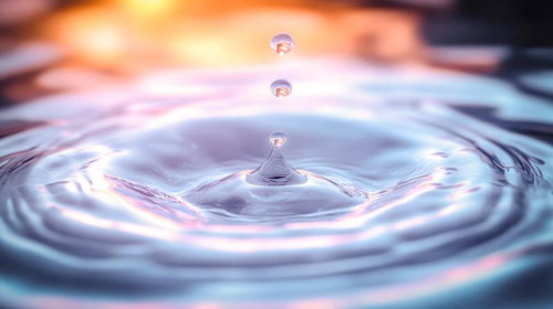 夕焼けに照らされた水面に落ちた雫が作り出す波紋