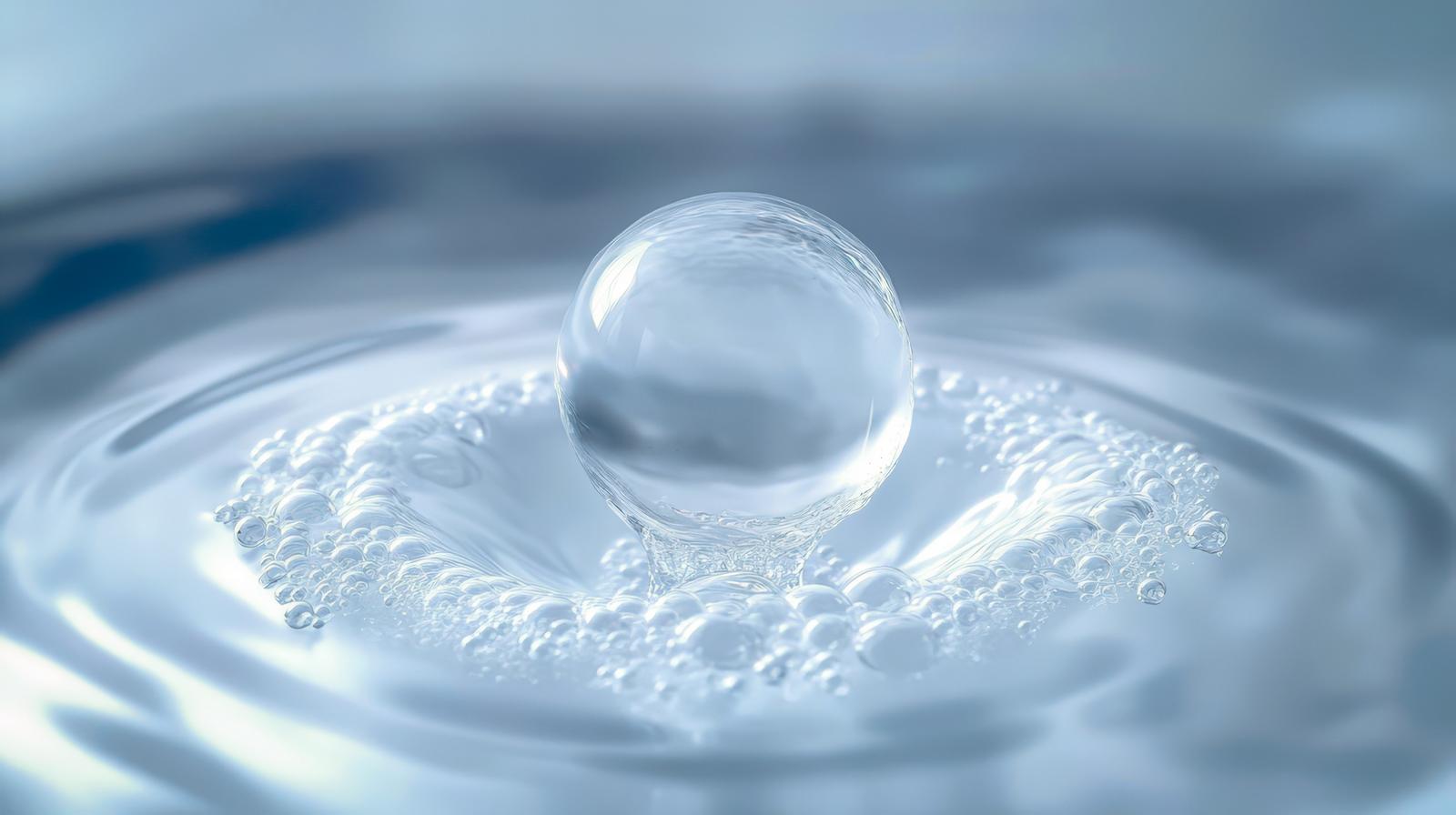透明な液体に水滴が落ちて波紋と泡が広がる瞬間