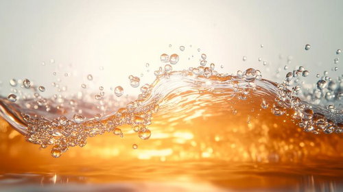 夕日に照らされた琥珀色の水しぶきと飛散する水滴