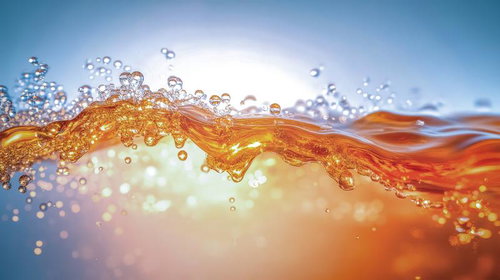 黄金色に染まる液体が跳ねるしぶきと波紋、光が反射する水滴