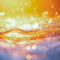 陽光を受けて光る琥珀色の水面の写真