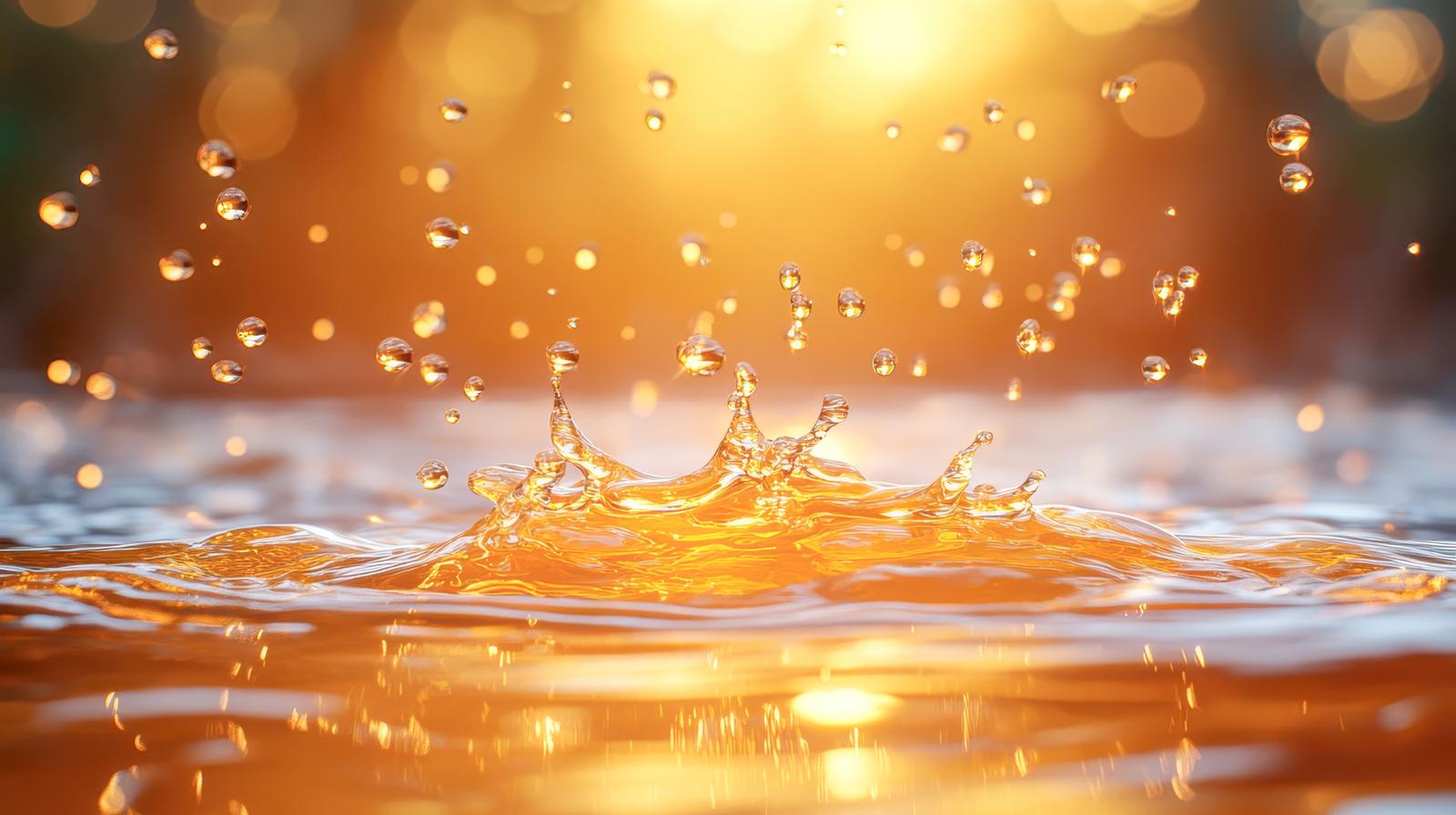 オレンジ色の液体が舞い上がり、多数の水滴が飛び散っている瞬間