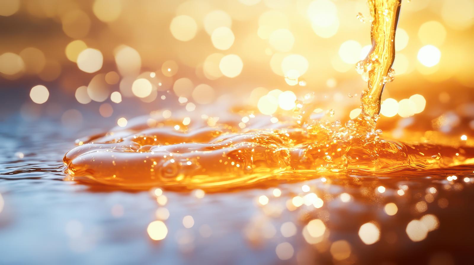 黄金色の蜂蜜が流れ落ち、煌めきながら水面に広がる
