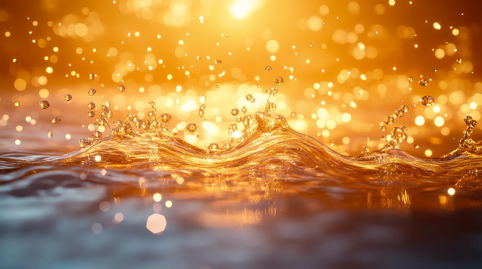 黄金色に輝く水しぶきが舞う波と光のボケの画像