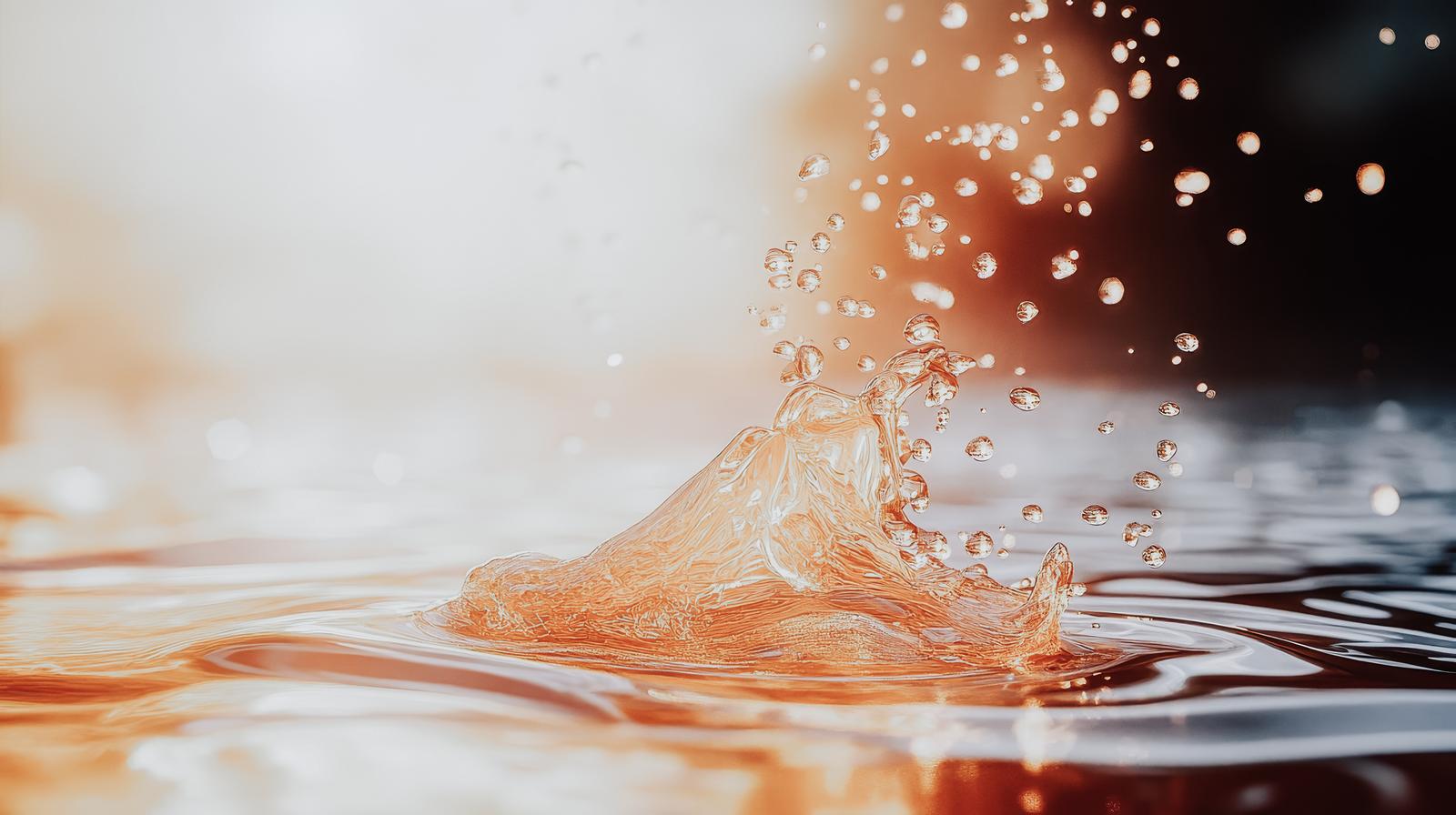 AI-generated water splash rising from a liquid surface bathed in warm amber-orange light, with scattered airborne droplets against a cream and dark brown gradient background.