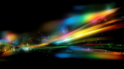 虹色の光が暗闇に滑らかに広がる光跡とデジタル光線