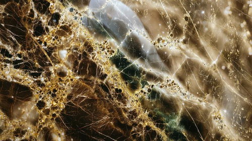 黄金色の光沢を放つ網目模様が複雑に広がる鉱石の断面