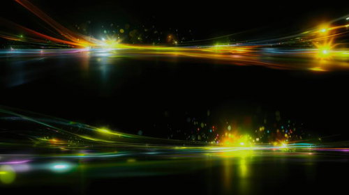 暗闇の中に色彩の波が交差する光の軌跡と輝きの二重レイヤー