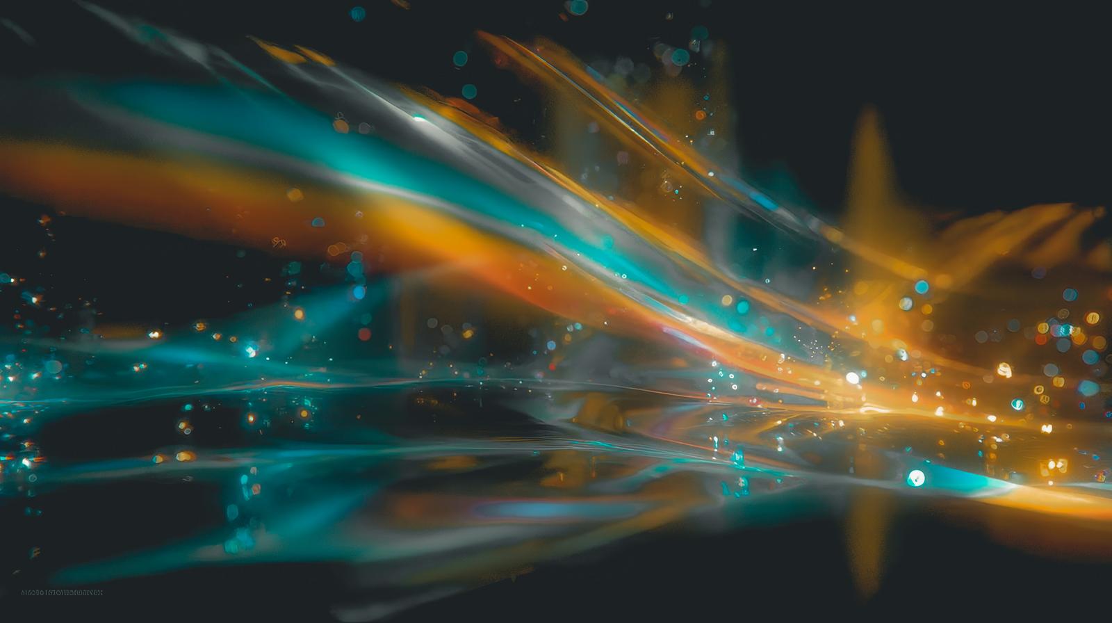 黒背景にターコイズとゴールドの光跡が交差し輝く粒子が散る抽象的な画像