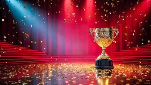 赤い光と金色の紙吹雪に輝く優勝トロフィーの授賞式