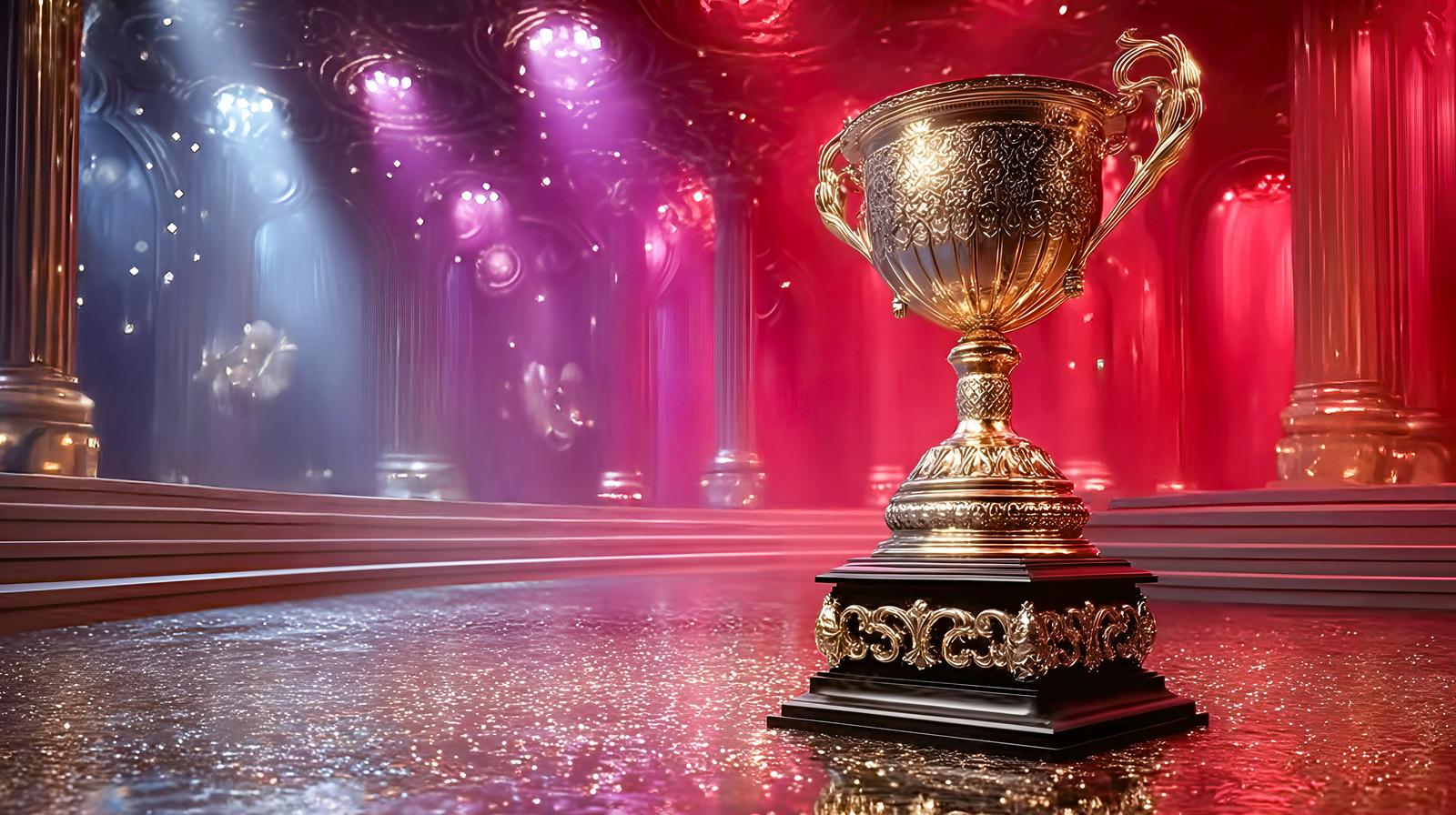ネオンピンク色の背景に輝く黄金の優勝トロフィー