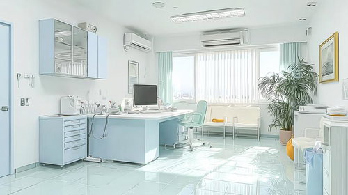 白と水色を基調とした明るく清潔感のある医療現場の診察室