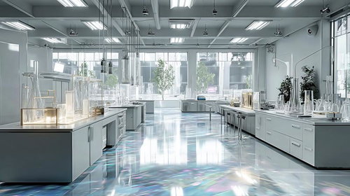 無数のビーカーや試験管が並ぶモダン実験室