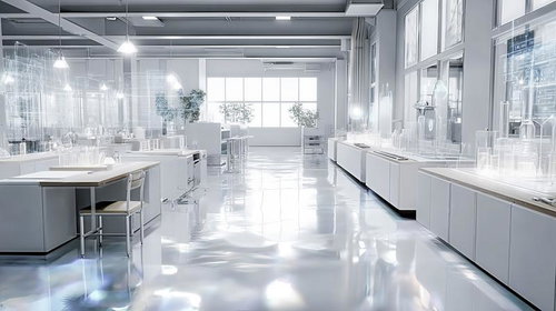 ホログラムが浮かぶ未来型ラボラトリーの研究室