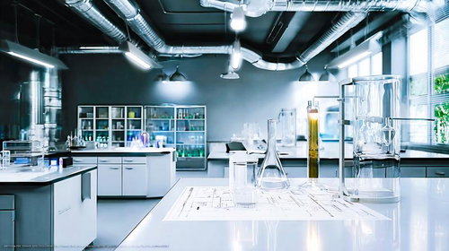 ガラス器具と図面が整然と並ぶ研究室の作業台
