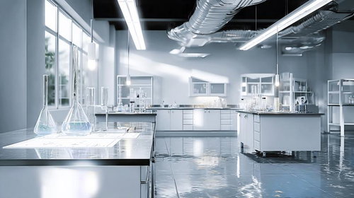 金属ダクトがむき出しのモダン実験室、ガラス器具が並ぶ研究スペース