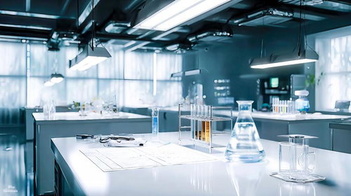 実験台に並ぶビーカーと試験管、研究室の機器