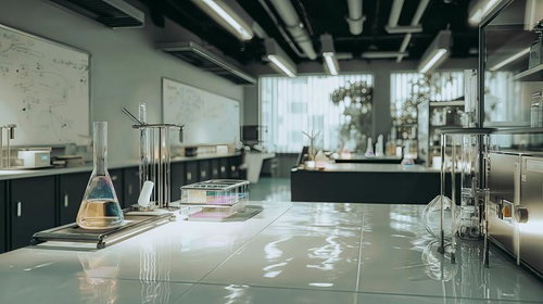 近代ラボの光沢のある作業台に反射する科学の光