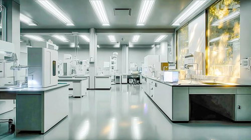 最新鋭の分析装置が整然と並ぶ無人の研究室風の室内