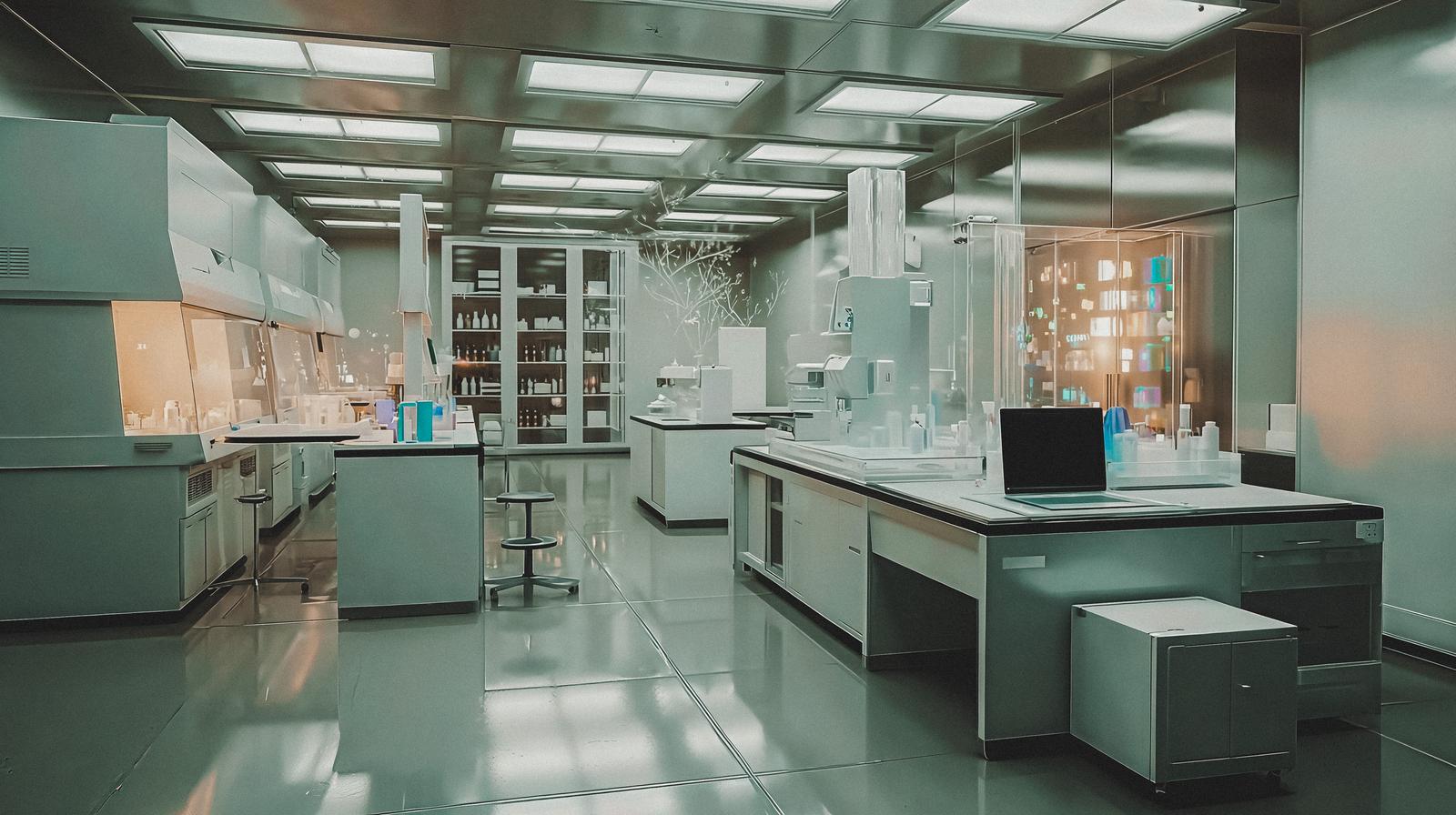 緑色の壁面に分析装置が配置されたモダンなサイエンスラボの室内