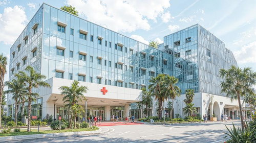 赤十字が導くガラス張りの現代的な総合病院