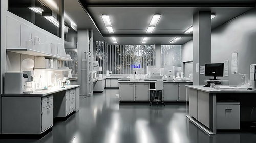 落ち着いたグレートーンで統一された最新設備の研究室