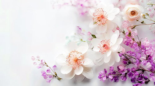 白い花びらと紫色の小花が彩るフラワーアレンジメント